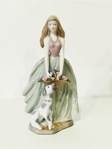 Porzellanfigur "Junge Frau mit Blumenkorb und Hund" PMI Porzellan Manufaktur