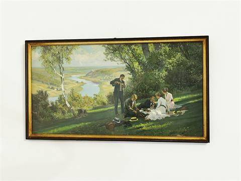 Alter Kunstdruck "Picknick mit Panoramablick"