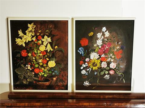 2 Gemälde Öl auf Leinwand "Blumensträuße" signiert Leidolf