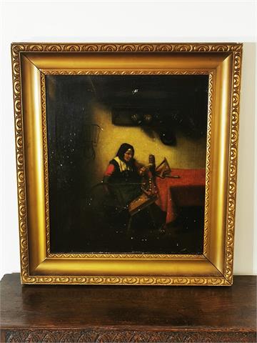 Antikes Gemälde Öl auf Leinwand "Alte Spinnerin"