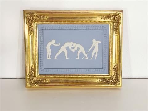 Hellblaues Wedgwood Jasperware (Relief-) Wandbild "Ringkampf" in vergoldetem Rahmen