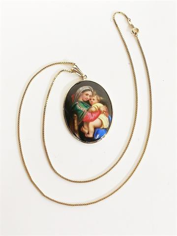 Halskette aus Gold (585) mit eingefasstem Pozellanbild "Madonna mit Kind"