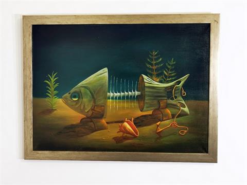 Surrealistisches Gemälde Öl auf Leinwand "Fischkadaver" signiert Nagy
