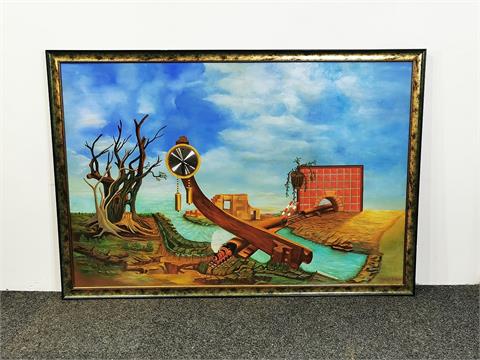 Großes surrealistisches Gemälde Öl auf Leinwand signiert Nagy