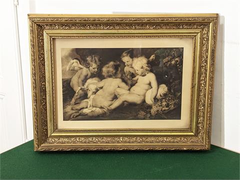 Alter Kunstdurck "Christuskind mit Johannesknaben und zwei Engeln" nach Peter Paul Rubens