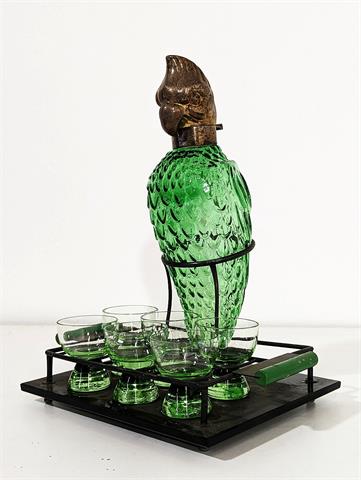 Altes seltenes Likörset "Papagei" mit Papageikopfmontierung und 6 Gläsern