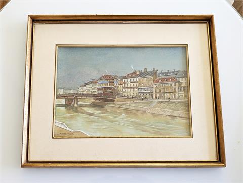 Gemälde Aquarell auf Papier "Der Donaukanal in Wien mit Ferdinandbrücke" signiert Franz Brenner