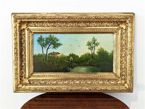 Altes Gemälde Öl auf Holzplatte "Bäuerin am Teich" im Prunkrahmen