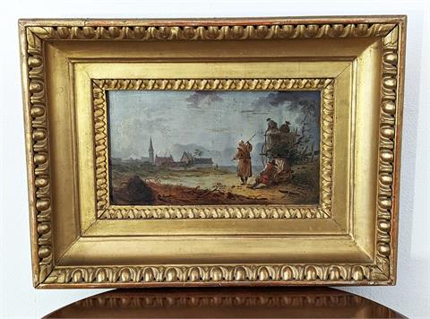 Antikes Gemälde Öl auf Holzplatte "Bauern am Feld" im Ochsenaugenrahmen