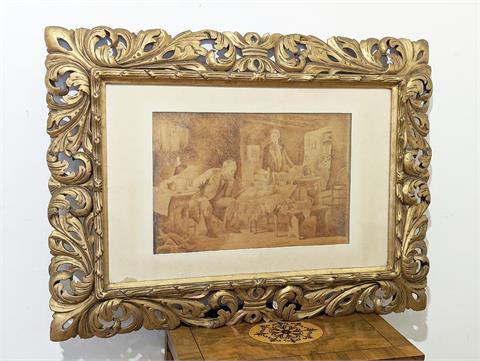 Florentiner Rahmen mit Genrebild auf Holzplatte