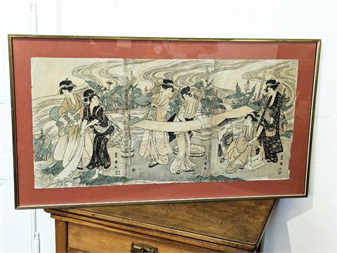 Antiker japanischer Farbholzschnitt / Tryptichon