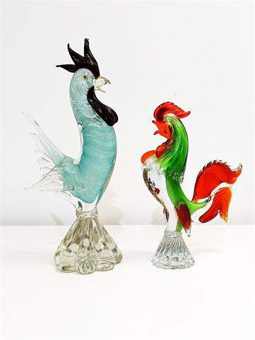 Zwei Murano Glas Figuren "Großer und kleiner Hahn"