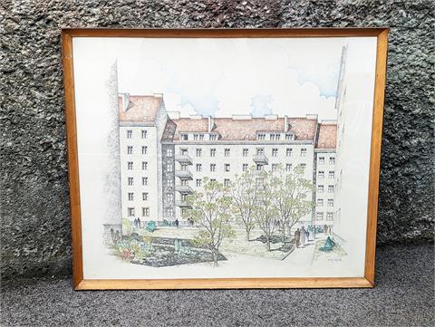 Zeichnung auf Papier "Ansicht eines Wiener Gemeindebaus" signiert Fritz Zügner