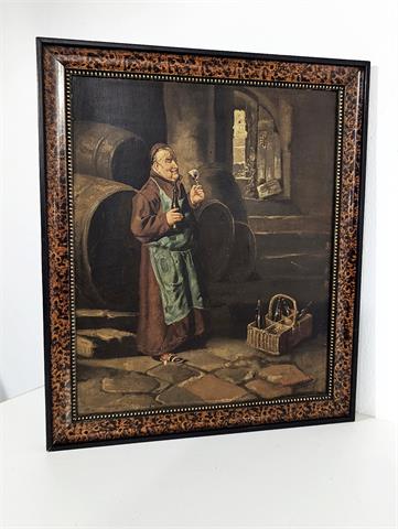 Gemälde Öl auf Holzplatte "Mönch im Weinkeller" signiert Jury Jean