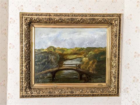 Gemälde Öl auf Leinwand "Brücke am Fluss" signiert A. Figl