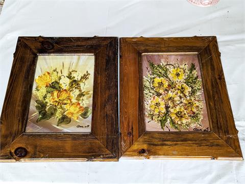 Zwei Gemälde Öl auf Karton "Blumen" signiert