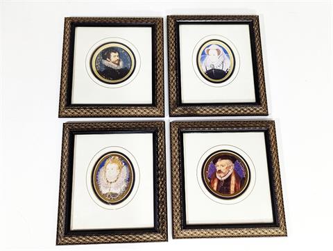 Vier Miniatur Portrait Kunstdrucke nach Nicholas Hilliard