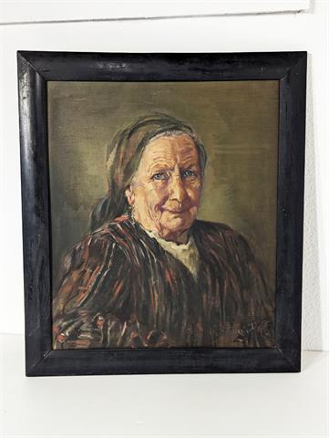 Gemälde Öl auf Hartfaserplatte "Portrait einer alten Frau" signiert