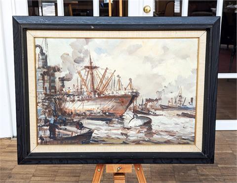 Gemälde Öl auf Leinwand "Belebter Hafen"