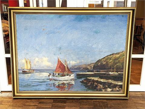 Großes Gemälde Öl auf Leinwand "Segelboot im Hafen" signiert Ege Mogens