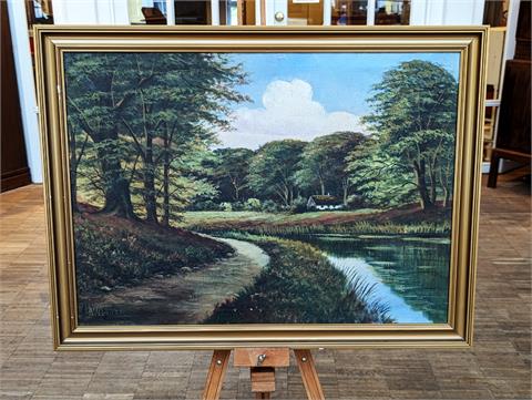Gemälde Öl auf Leinwand "Flusslandschaft" signiert AJ Wagner