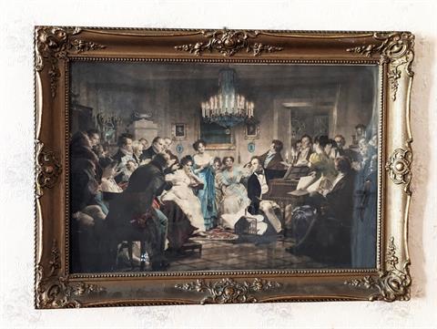 Alter Kunstdruck auf Papier "Ein Schubert- Abend in einem Wiener Salon"