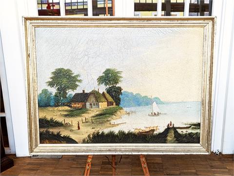 Antikes Gemälde Öl auf Leinwand "Haus am See" signiert