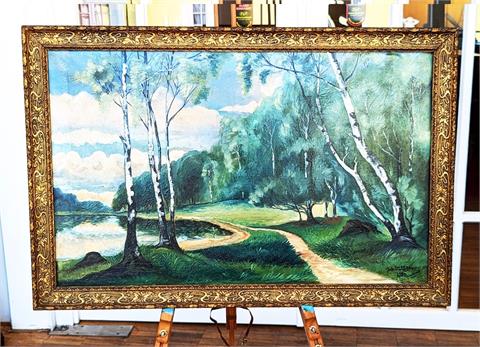 Gemälde Öl auf Leinwand "Teich im Wald" signiert Joh. Lorenzen