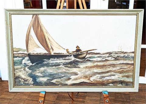 Gemälde Öl auf Platte "Segelboot" monogrammiert JR.