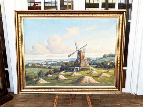 Gemälde Öl auf Leinwand "Landschaft mit Windmühle" signiert Chr. R. Langlved