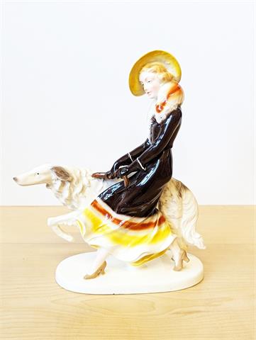 Seltene Keramikfigur "Dame mit Windhund" Keramos (Wien)