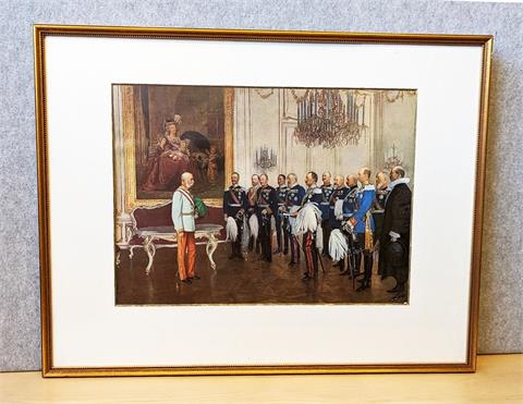 Farbdruck "Kaiser Franz Joseph I. von österreich mit den deutschen Bundesfürsten Schönbrunn 7. Mai 1908"