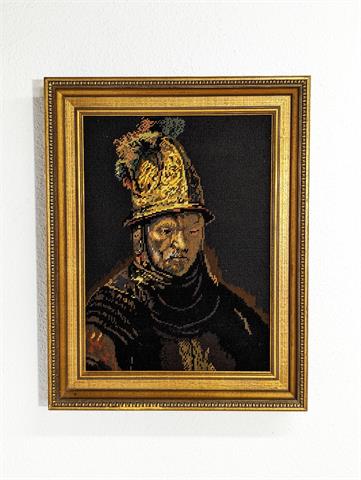 Altes gerahmtes Gobelin / Stickbild "Mann mit goldenem Helm nach Rembrandt"