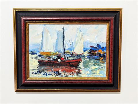 Gemälde Öl auf Holzplatte "Segelboote in der Marina" signiert Manuel Gregorio Pereira