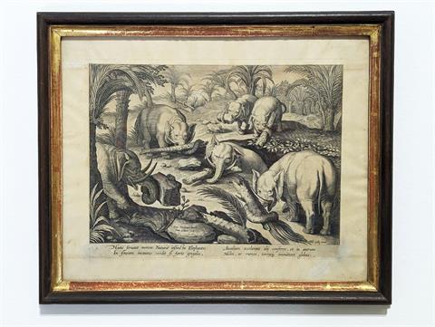 Antiker Kupferstich "Elephantes" von Johann Collaert nach J. Stradanus