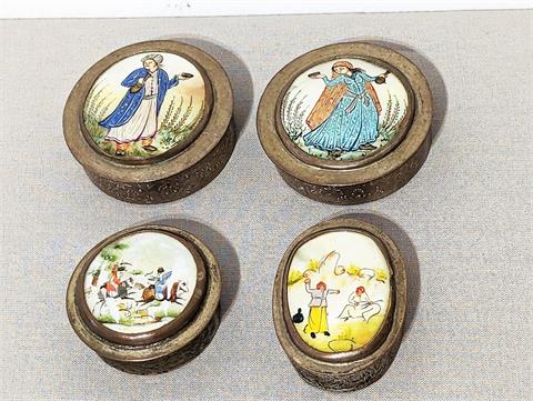 Vier alte versilberte persische Schmink- und Pillendosen mit Miniaturmalereien