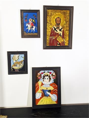 Vier Hinterglasmalereien mit Heiligenbildern