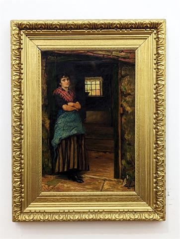 Gemälde Öl auf Leinwand "Die Bäuerin am Haustor" signiert H.H. Cauty
