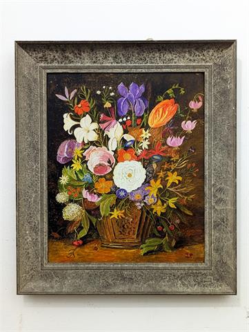 Gemälde Öl auf Platte "Blumenstillleben" monogrammiert J.P.