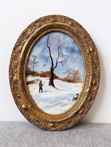 (Miniatur-) Malerei Öl auf Platte "Jäger im Winter" signiert Sauer