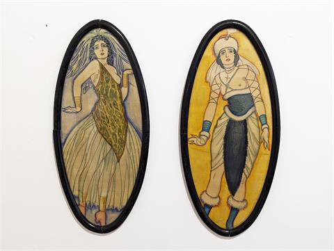 Zwei ovale Aquarelle mit erotischen Jugendstil / Art Deco Tänzerinnen