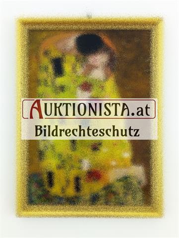Hinterglasmalerei "Der Kuss nach Gustav Klimt" monogrammiert P. St.