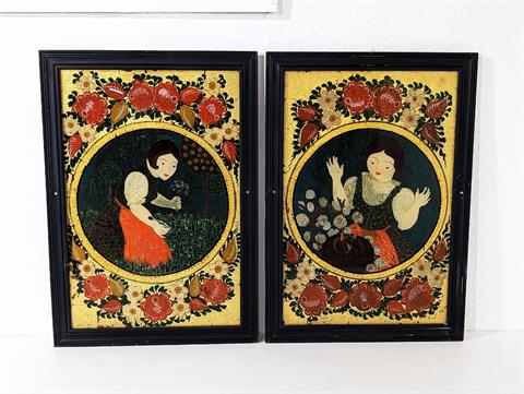 Zwei antike Hinterglasmalereien "Bäuerin"