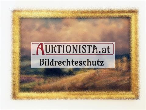 Gemälde Öl auf Karton "Heuernte in der Abenddämmerung - Blick auf Weikersdorf"