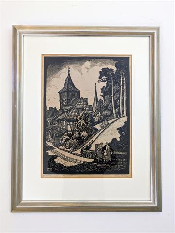 Holzschnitt "Hildesheim, Blick auf St. Godehard" von Fritz Röhrs