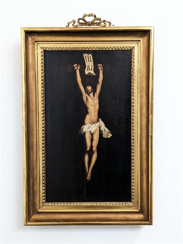 Antikes Gemälde Öl auf Platte "Jesus am Kreuz"