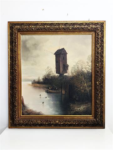 Gemälde Öl auf Leinwand "Seenlandschaft mit Windmühle" signiert Schmidbauer